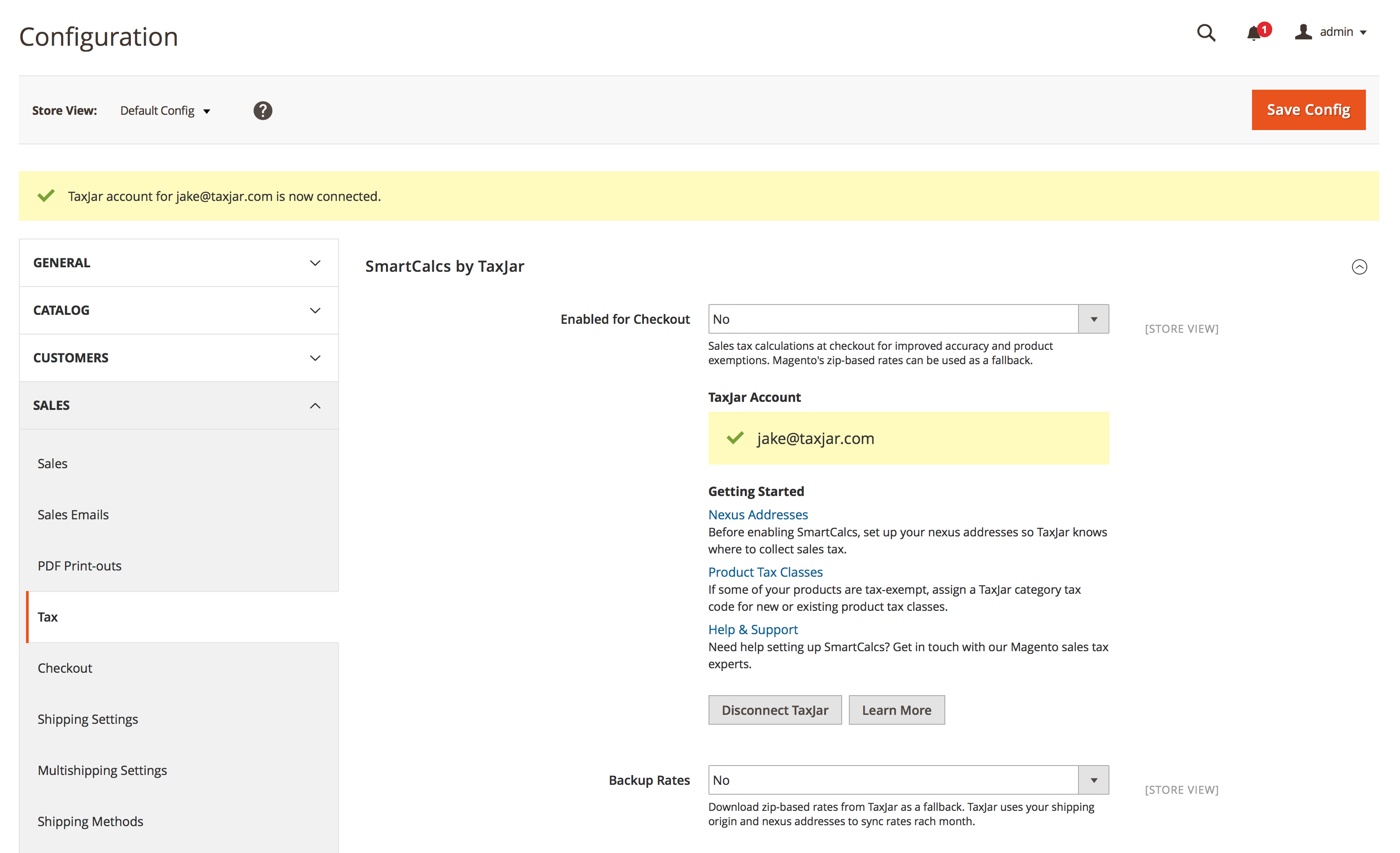 TaxJar Configuration After Connection