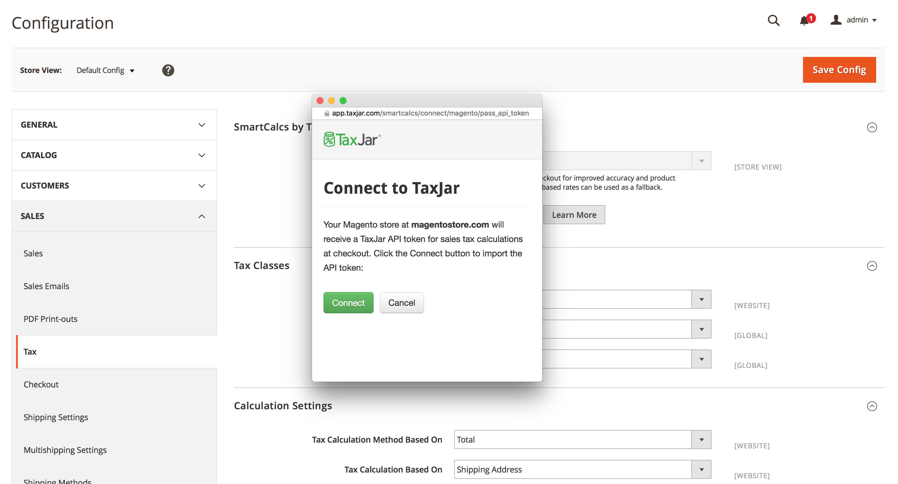 TaxJar Connect Confirmation